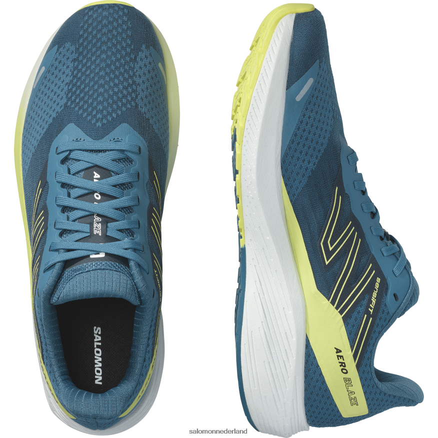 hardloopschoenen voor heren - aero blaze wide blauwe as/zonnige limoen/donkere saffier NTFJN658 Salomon