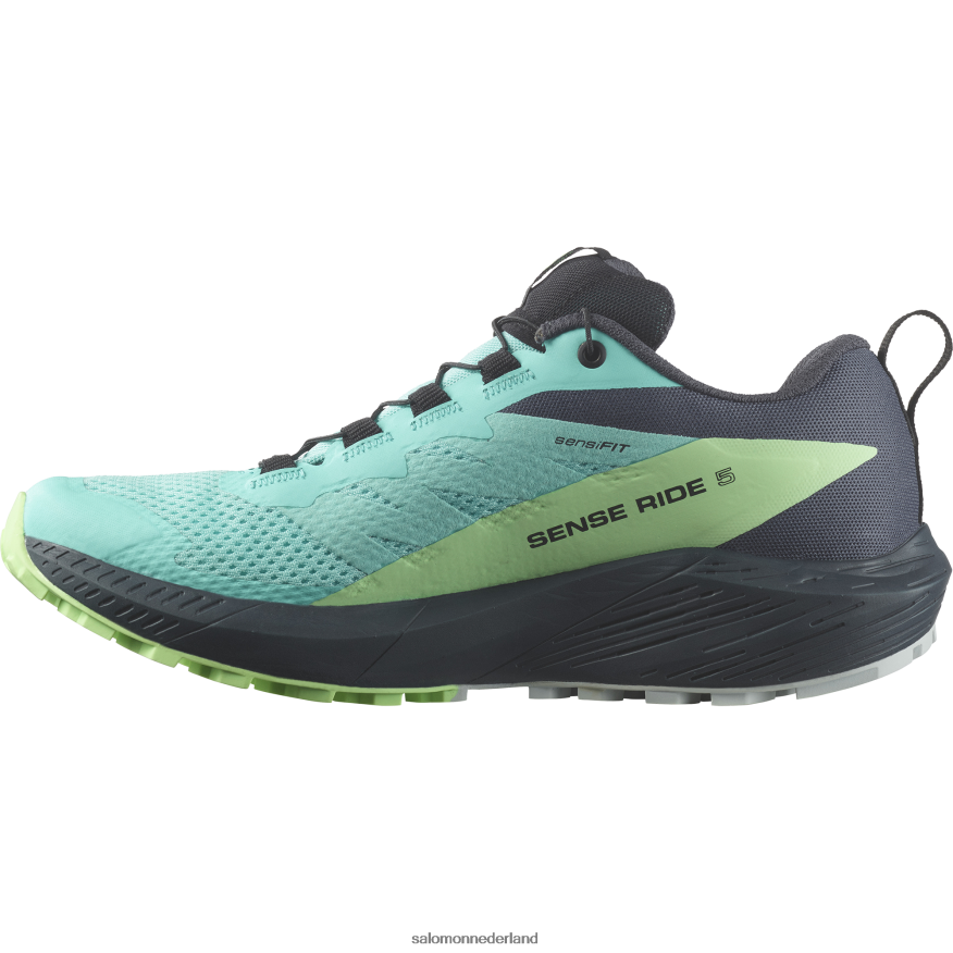 trailrunningschoenen voor dames - sense ride 5 gore-tex blauwe glans/groene as/oostindische inkt NTFJN61528 Salomon